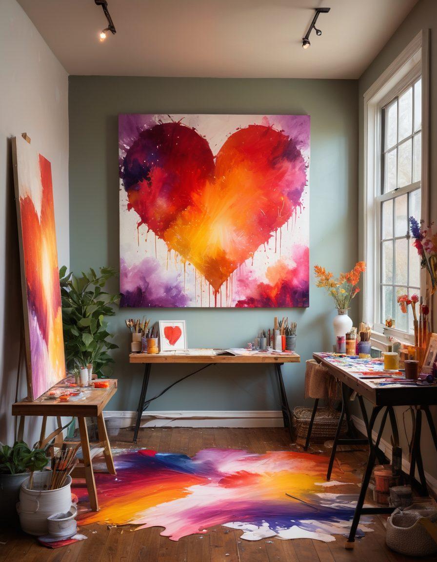 A cozy studio filled with warm natural light, showcasing a couple painting together on a large canvas, surrounded by vibrant splashes of color and heart-shaped artistic elements. The atmosphere exudes love and creativity, with brushes and paint tubes scattered around, and framed artworks adorning the walls featuring their love story. super-realistic. vibrant colors. warm ambiance.