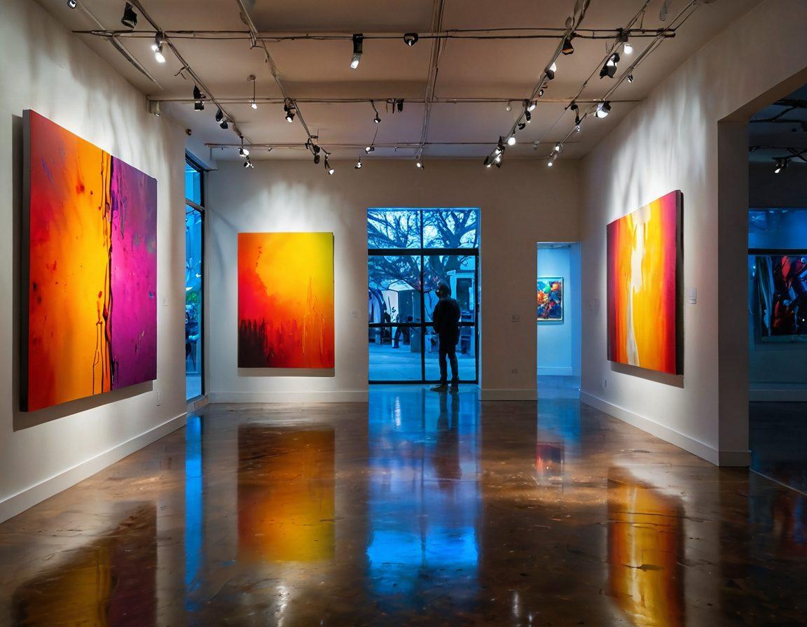 A vibrant art gallery filled with diverse artworks, each piece exuding emotion and passion. Visitors engage deeply with the art, wrapped in contemplative expressions. Sunlight filters through large windows, casting dynamic shadows that dance on the polished floor. The walls are adorned with colorful paintings, sculptures, and interactive installations that invite viewers to connect. Convey a sense of warmth and inspiration in the overall atmosphere. super-realistic. vibrant colors. warm lighting.