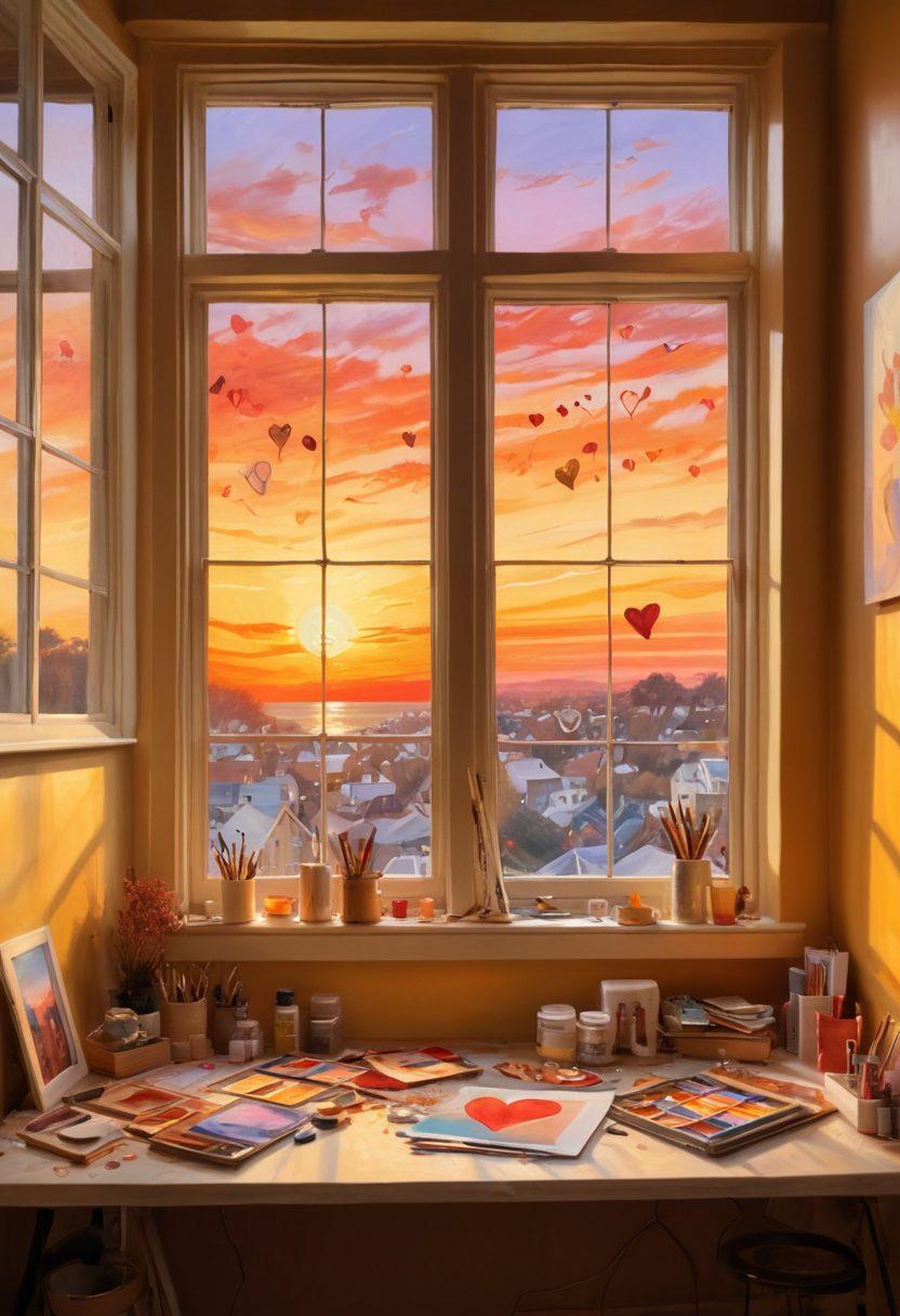 A romantic art studio filled with vibrant paintings of couples in love, bathed in warm golden light. Various art supplies are scattered around, with unfinished canvases depicting hearts and intertwined hands. A serene window view features a sunset, symbolizing romantic aesthetics. The overall atmosphere feels inviting and passionate, representing a celebration of love through art. super-realistic. vibrant colors. warm tones.
